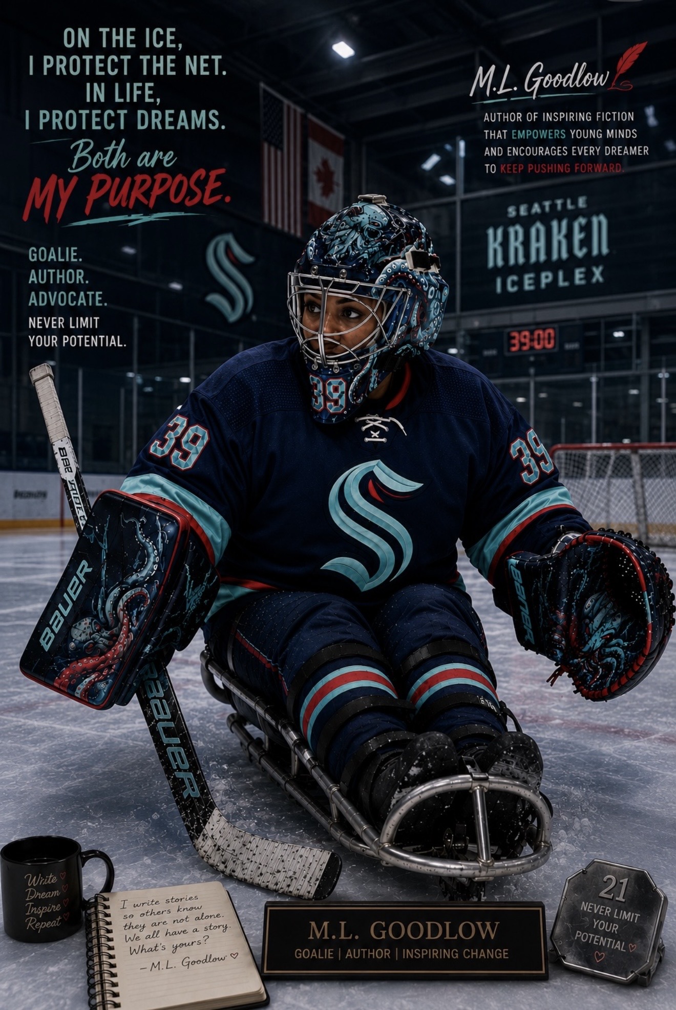 M.L. Goodlow, sled hockey goalie, on the ice